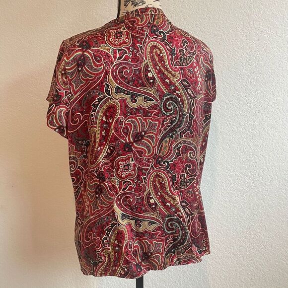 VTG Coldwater creek Womens BLouse Red‎ Large Paisley 100% Silk Vneck Ruffle Boho - Picture 3 of 10